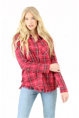 FRAYED HEM BUTTON DOWN PLAID F ...